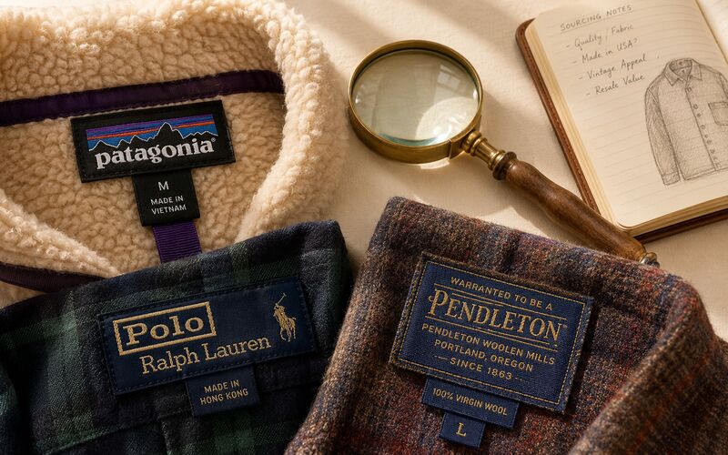 Close-up of Patagonia, Polo Ralph Lauren, and Pendleton brand labels with a magnifying glass and sourcing notebook