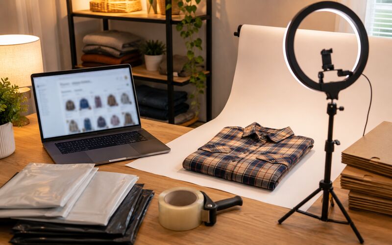 Home reselling workspace with laptop, ring light, flannel shirt on photography backdrop, and shipping supplies