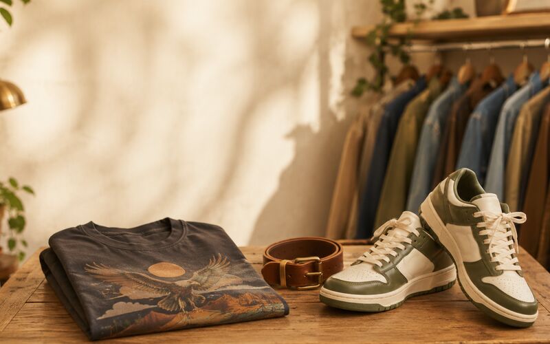 Vintage graphic tee, leather belt, and olive sneakers on a rustic wooden table with a clothing rack in the background