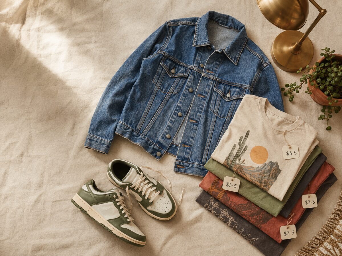 Curated thrift store finds — denim jacket, sneakers, and vintage graphic tees with price tags on a cream linen surface